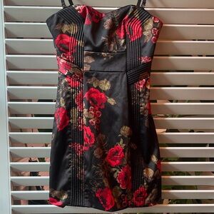 Guess Black Satin Mini Dress with Red Floral Print